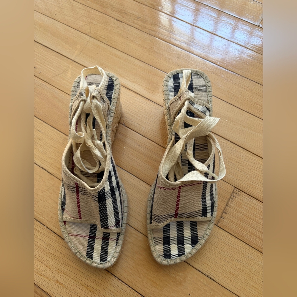 Burberry Beige Plaid Lace-Up Espadrille Sandals